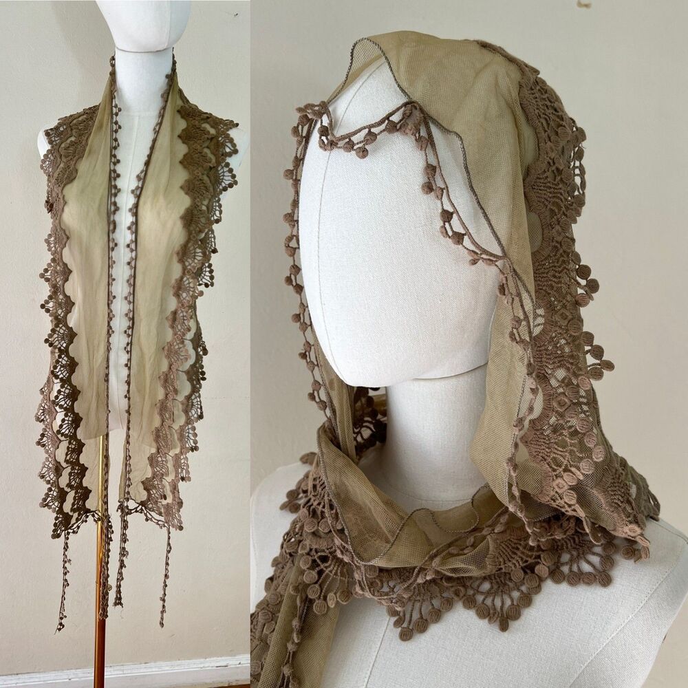 Pirate Cosplay Woodland Elf Fairy Taupe Crochet Lace Long 70" Stole Scarf Sash